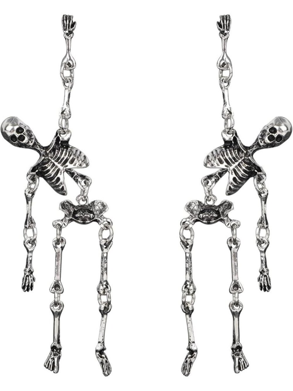 Women's Silver 2pcs Spooky Skull Skeleton Dangle Punk Gothic Halloween Earrings